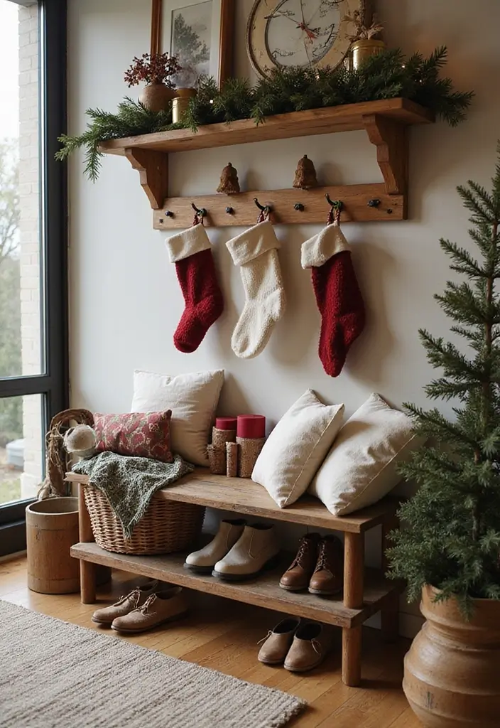 20 Christmas Living Room Ideas That'll Make Your Home the Coziest on the Block! - 19. Cozy Footwear Station
