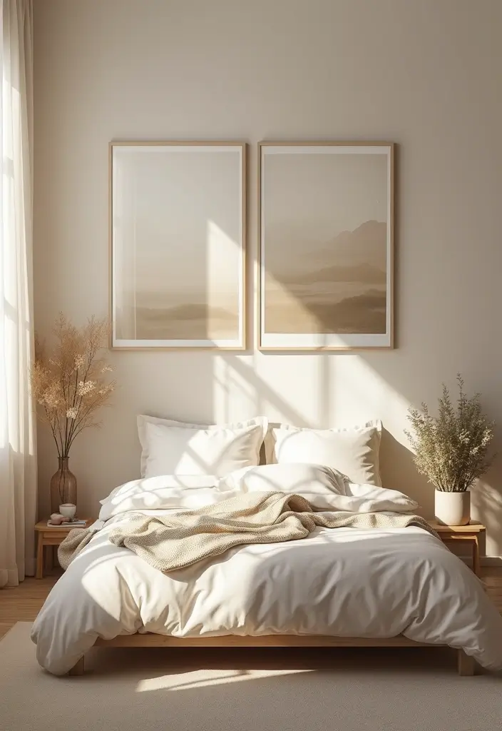 15 Cozy Bedroom Ideas That Will Make You Want to Snuggle Up All Day! - 14. Soft Artwork for a Relaxed Vibe
