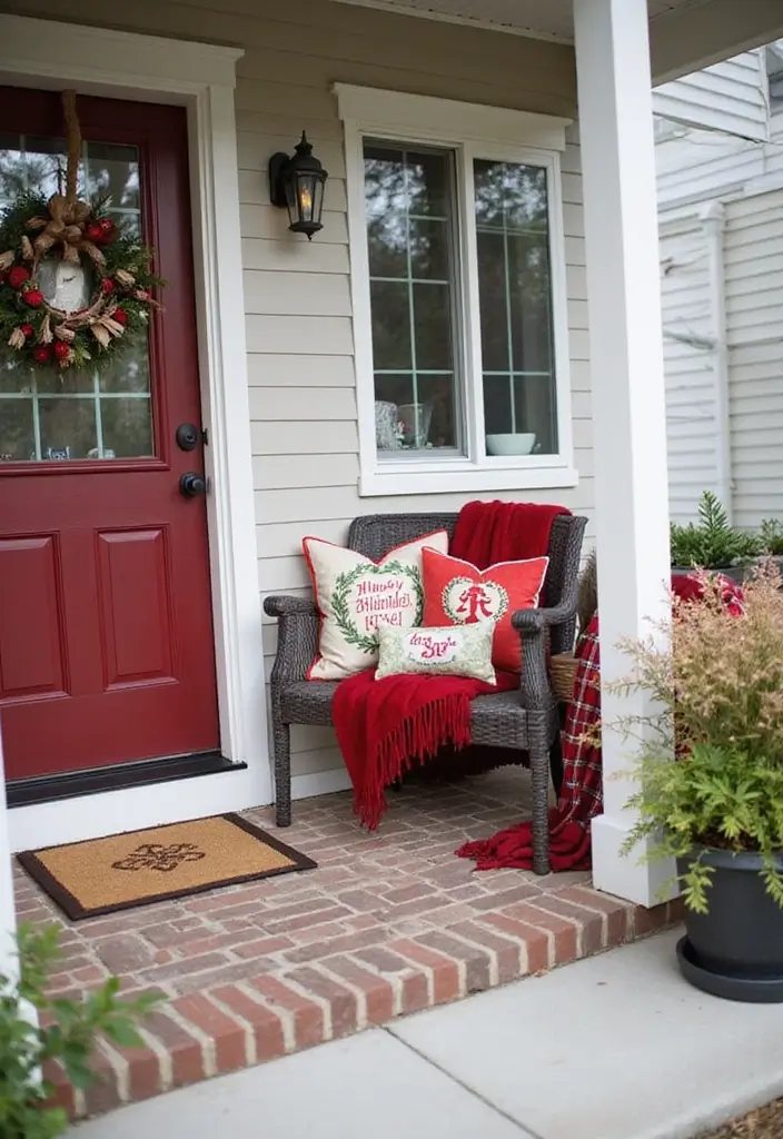 15 Stunning Front Porch Christmas Decor Ideas to Make Your Neighbors Jealous! - 12. Holiday-themed Pillows and Throws