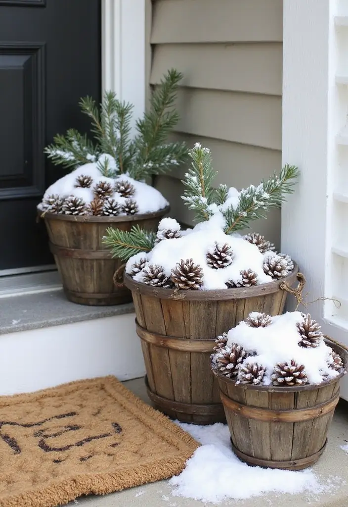 15 Stunning Front Porch Christmas Decor Ideas to Make Your Neighbors Jealous! - 14. Snowy Pinecones in Baskets