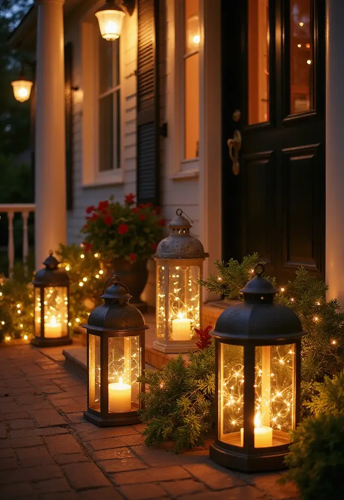 15 Stunning Front Porch Christmas Decor Ideas to Make Your Neighbors Jealous! - 8. Lanterns and Candle Displays