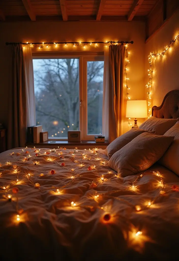 20 Cozy Christmas Bedroom Decor Ideas That Will Fill Your Space with Holiday Cheer! - 1. Twinkling Christmas Lights