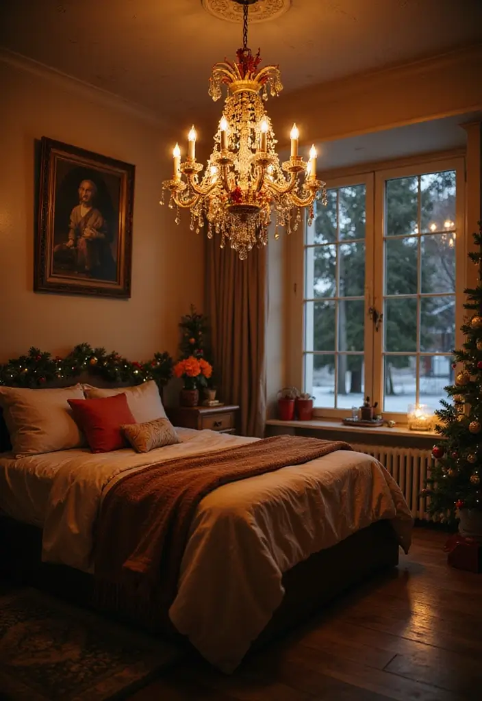 20 Cozy Christmas Bedroom Decor Ideas That Will Fill Your Space with Holiday Cheer! - 17. Holiday-Themed Chandeliers