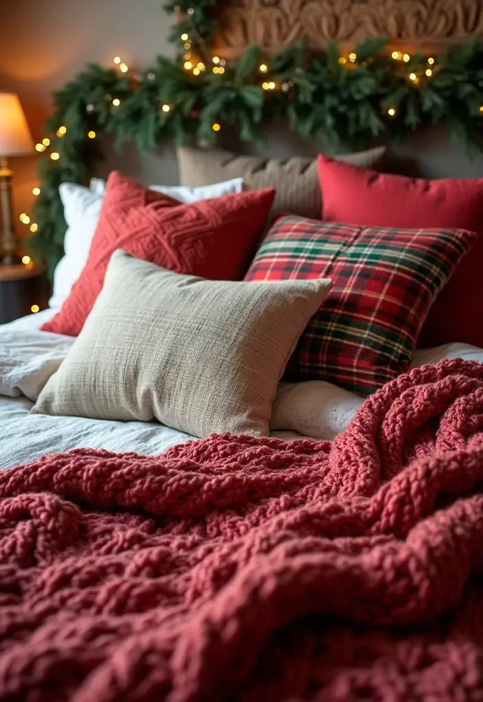 20 Cozy Christmas Bedroom Decor Ideas That Will Fill Your Space with Holiday Cheer! - 2. Festive Pillows and Throws
