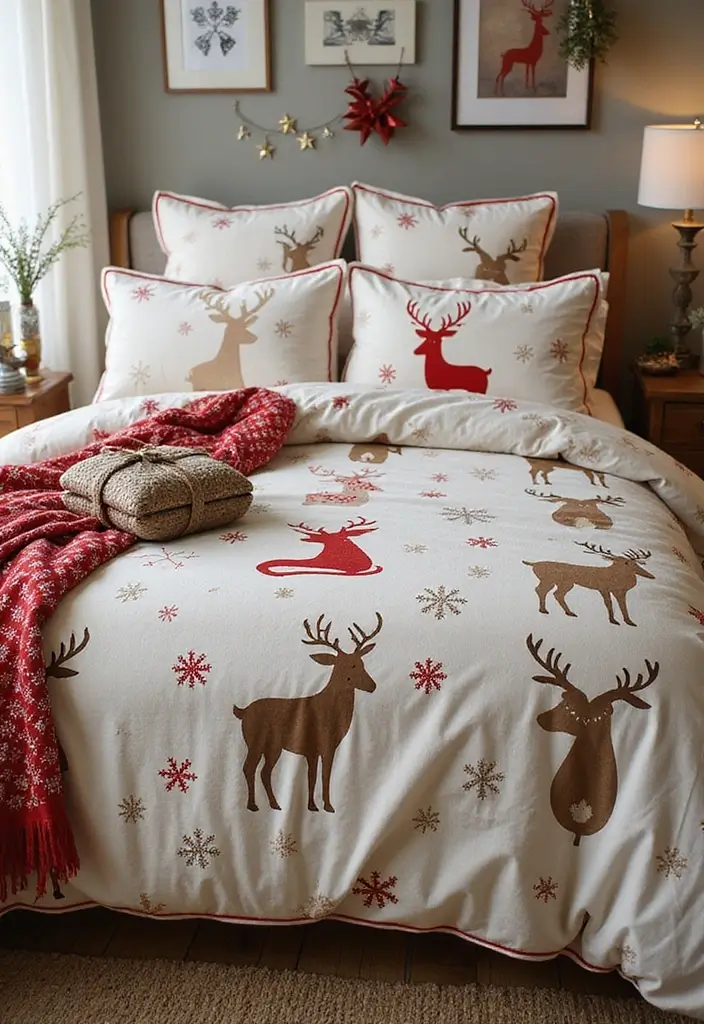 20 Cozy Christmas Bedroom Decor Ideas That Will Fill Your Space with Holiday Cheer! - 5. Christmas-Themed Bedding