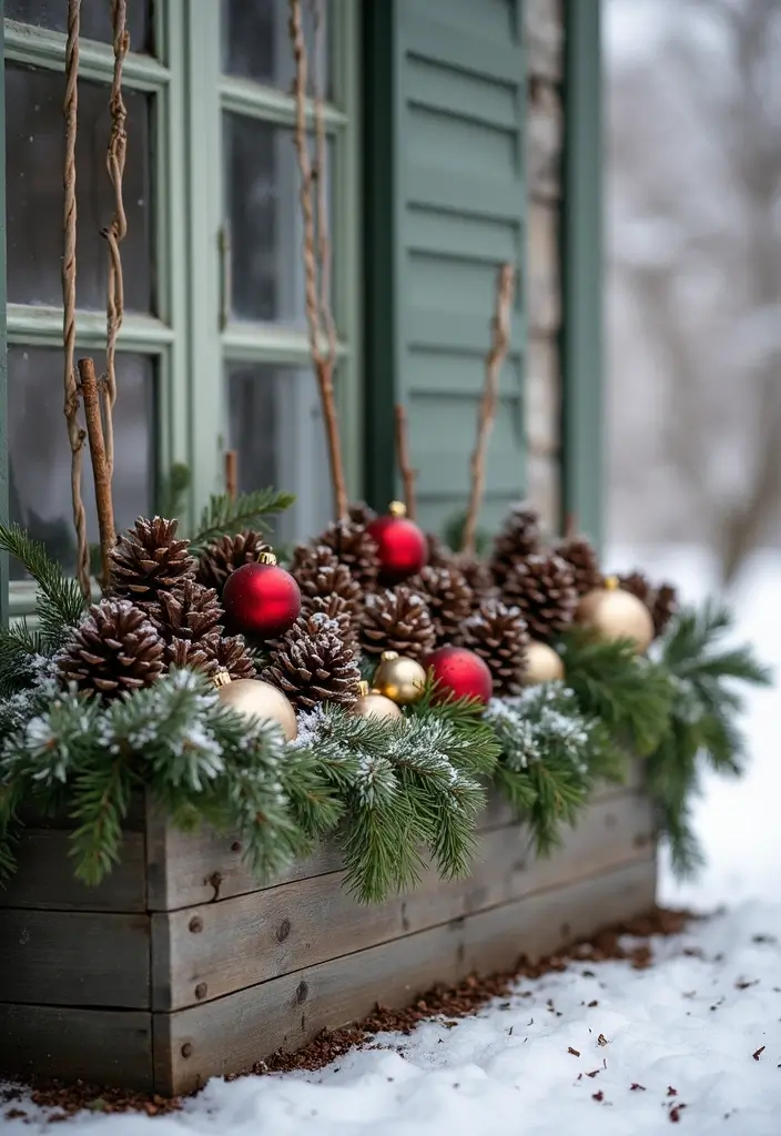 12 Winter Window Box Ideas to Elevate Your Porch Decor in Minutes! - 2. Rustic Pinecone Paradise