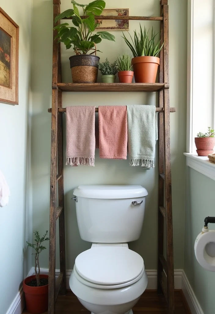 10 Stunning Bathroom Shelves Over Toilet That Will Transform Your Space! - 4. Vintage Ladder Shelf