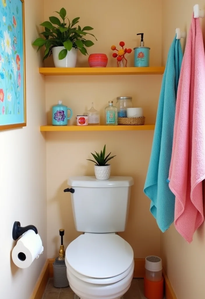 10 Stunning Bathroom Shelves Over Toilet That Will Transform Your Space! - 6. Colorful Floating Shelves