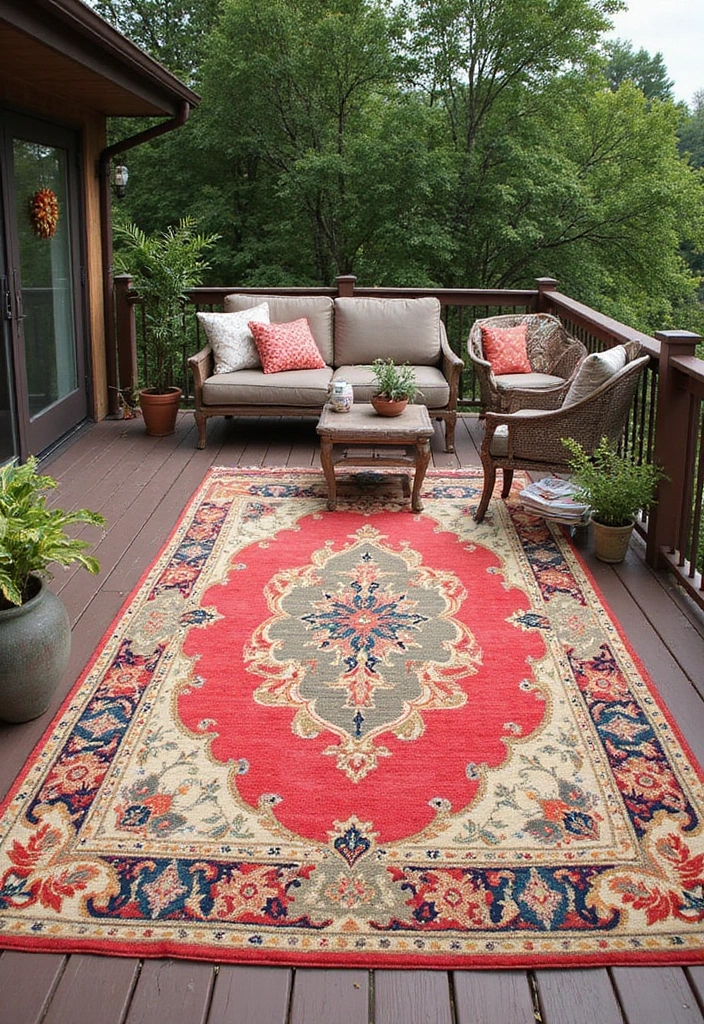 13 Cozy Deck Decor Ideas That Will Transform Your Outdoor Space into a Paradise! - 6. Outdoor Rugs to Define Spaces