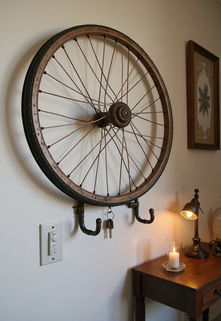 15 Stylish Key Holder Ideas That Will Transform Your Entryway (You Won't Believe #4!) - 9. Upcycled Bicycle Wheel Key Holder