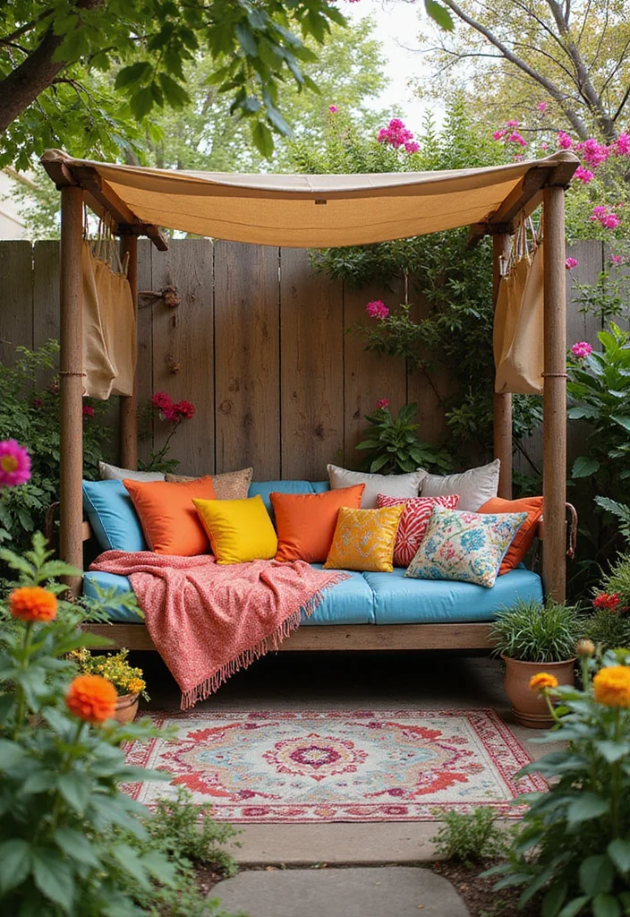 10 Gorgeous Backyard Seating Area Ideas You Can Try Today! - 7. Colorful Daybed Oasis 1