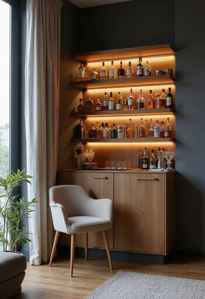 15 Home Bar Ideas for Small Spaces That Will Blow Your Mind! - 10. Corner Bar with Shelving 1