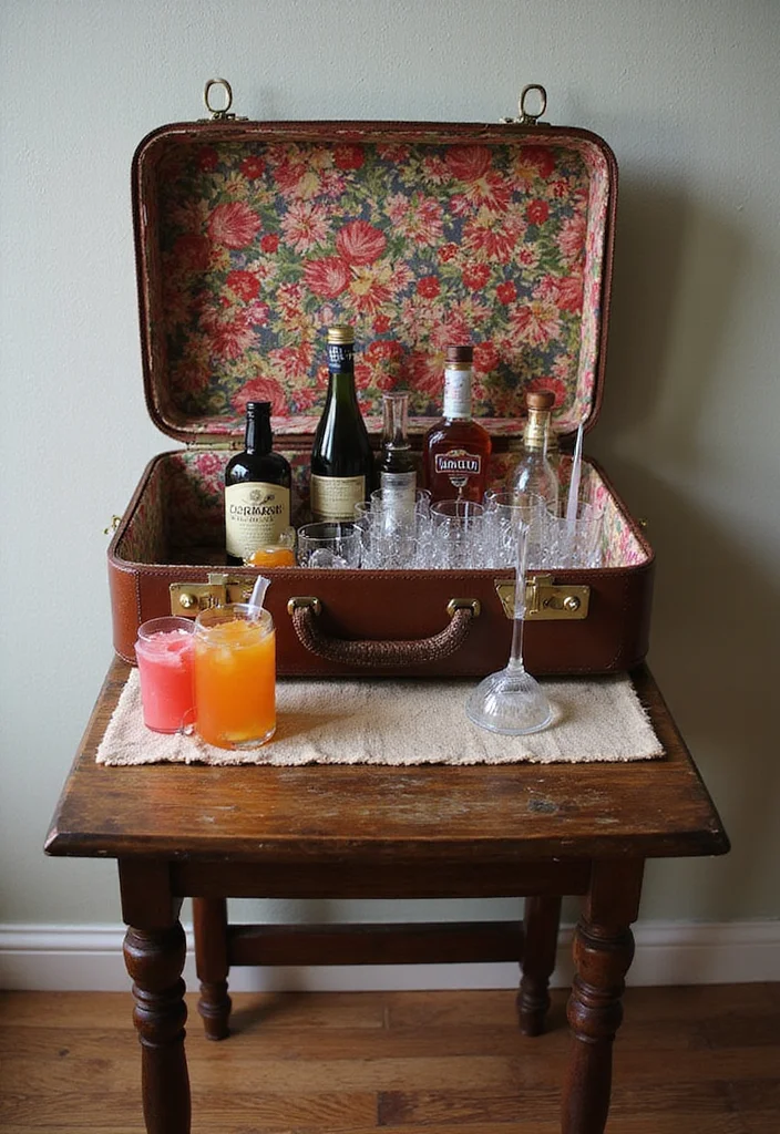 15 Home Bar Ideas for Small Spaces That Will Blow Your Mind! - 12. Vintage Suitcase Bar 1