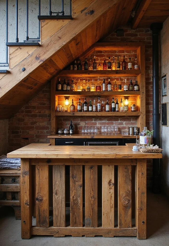 8 Stunning Home Bar Ideas For Under Basement Stairs - 1. Rustic Charm with Pallet Wood 1