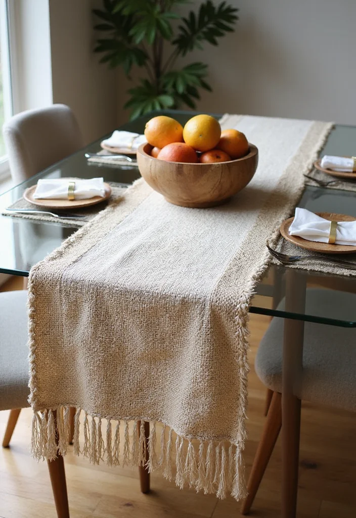 12 Elegant Glass Dining Table Decor Ideas That Exude Sophistication! - 8. Textured Runner with Accents 1